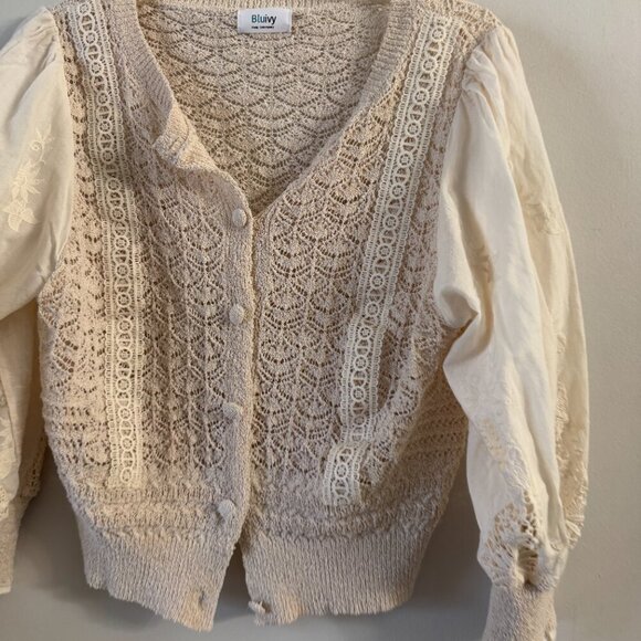🦋 BLUE IVVY Off White Cream Knit Lace Casual Boho Coquette Cardigan Sweater - Picture 2 of 6